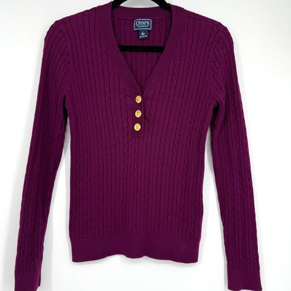 Chaps Classics Cable Knit Ribbed V-Neck Sweater Gold Buttons Size S - Picture 1 of 6